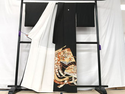 平和屋着物■豪華黒留袖　駒刺繍　扇面几帳花文　金彩　正絹　逸品　CABK9693xe