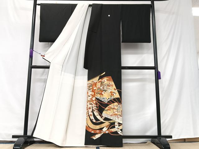 平和屋着物■豪華黒留袖　駒刺繍　扇面几帳花文　金彩　正絹　逸品　CABK9693xe