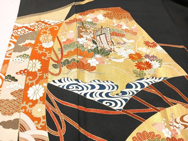 平和屋着物■豪華黒留袖　駒刺繍　扇面几帳花文　金彩　正絹　逸品　CABK9693xe