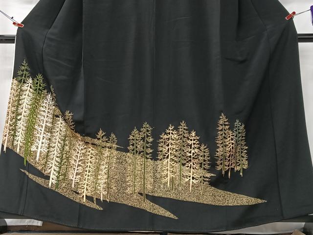 平和屋着物■豪華黒留袖　刺繍　樹林文　金彩　正絹　逸品　CABK9694xe