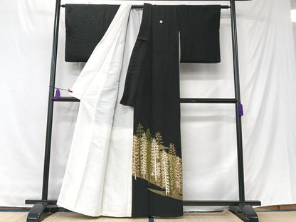 平和屋着物■豪華黒留袖　刺繍　樹林文　金彩　正絹　逸品　CABK9694xe