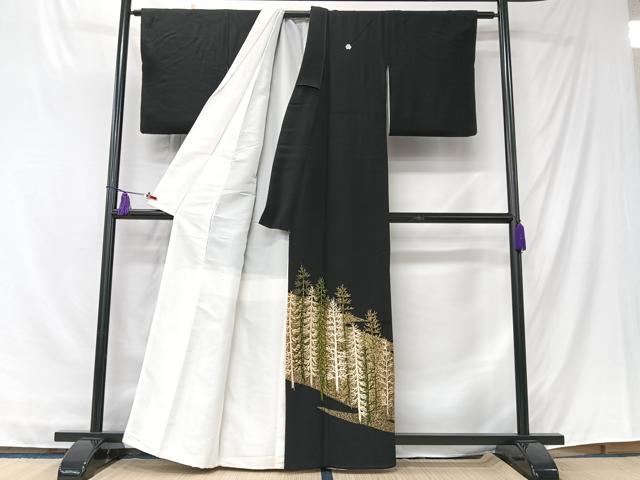 平和屋着物■豪華黒留袖　刺繍　樹林文　金彩　正絹　逸品　CABK9694xe