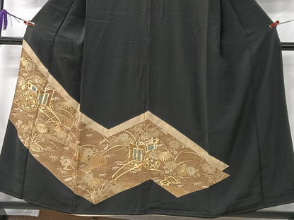 平和屋着物■豪華黒留袖　駒刺繍　御所車花文　金彩　正絹　逸品　CABK9703xe