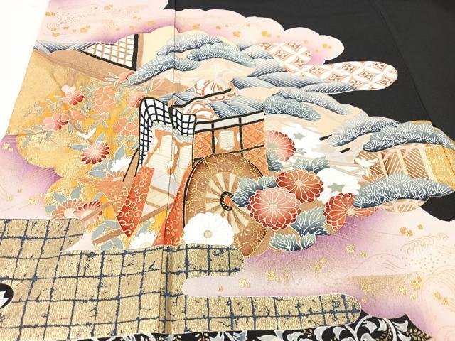 平和屋着物■豪華黒留袖　御所車花文　暈し染め　金彩　正絹　逸品　CABK9704xe