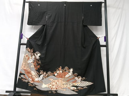 平和屋着物■豪華黒留袖　駒刺繍　飛鶴吉祥花文　金彩　正絹　逸品　CABK9718xe