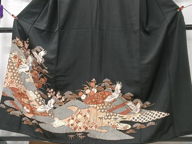 平和屋着物■豪華黒留袖　駒刺繍　飛鶴吉祥花文　金彩　正絹　逸品　CABK9718xe