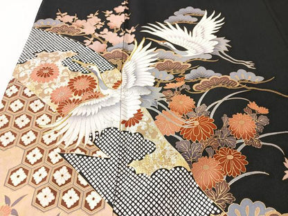 平和屋着物■豪華黒留袖　駒刺繍　飛鶴吉祥花文　金彩　正絹　逸品　CABK9718xe
