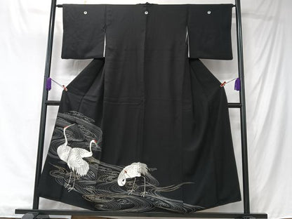 平和屋着物■豪華黒留袖　刺繍　群れ鶴　金銀糸　正絹　逸品　CABK9720xe
