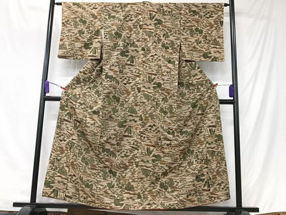 平和屋着物■上質な紬　型染め　風景文　正絹　逸品　CABK9734xe