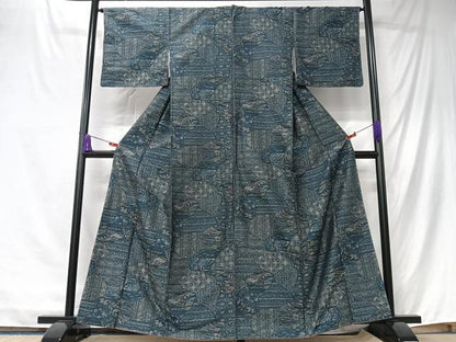 平和屋着物■上質なお召　切嵌更紗花文　正絹　逸品　CABK9763xe