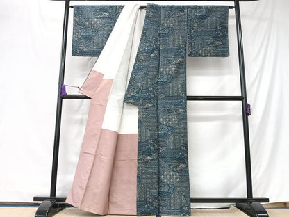 平和屋着物■上質なお召　切嵌更紗花文　正絹　逸品　CABK9763xe