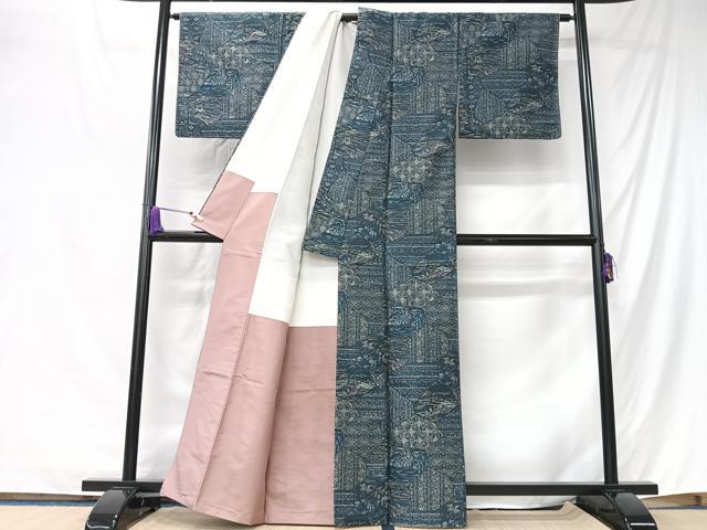 平和屋着物■上質なお召　切嵌更紗花文　正絹　逸品　CABK9763xe