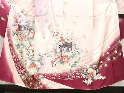 平和屋着物■豪華振袖　刺繍　御所車孔雀花文　暈し染め　金彩　正絹　逸品　CABK9849xe