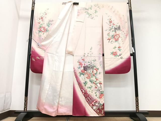 平和屋着物■豪華振袖　刺繍　御所車孔雀花文　暈し染め　金彩　正絹　逸品　CABK9849xe