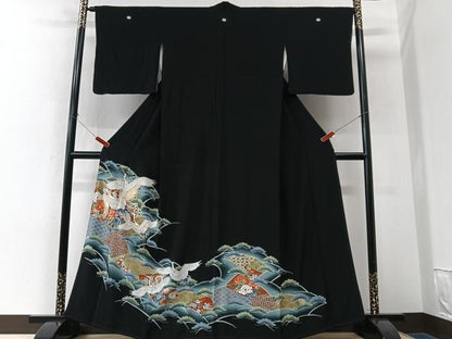 平和屋着物■豪華黒留袖　駒刺繍　飛鶴花文　暈し染め　金彩　正絹　逸品　CABK9865xe