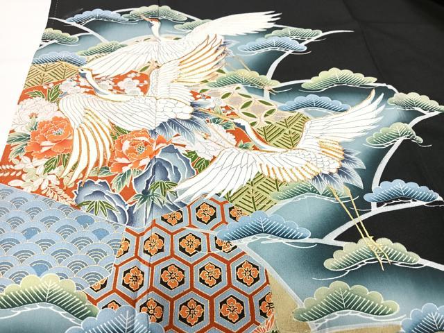 平和屋着物■豪華黒留袖　駒刺繍　飛鶴花文　暈し染め　金彩　正絹　逸品　CABK9865xe