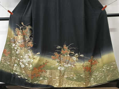 平和屋着物■豪華黒留袖　文箱草花文　暈し染め　金彩　正絹　逸品　CABK9869xe