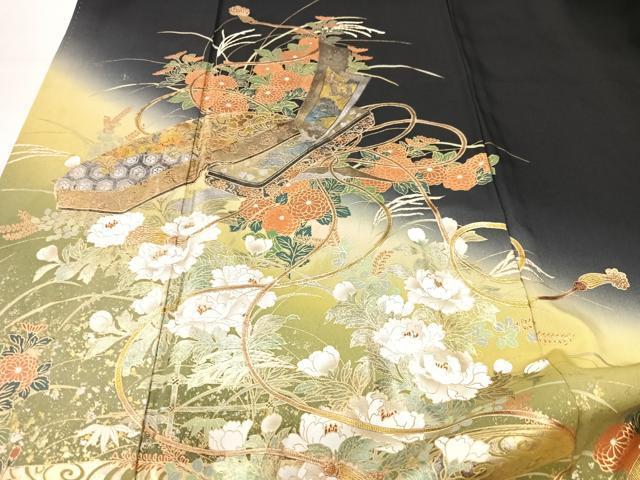 平和屋着物■豪華黒留袖　文箱草花文　暈し染め　金彩　正絹　逸品　CABK9869xe