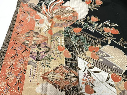 平和屋着物■豪華黒留袖　駒刺繍　雪輪花鳥文　金彩　正絹　逸品　CABK9894xe