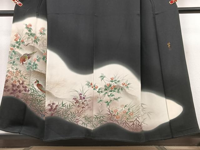 平和屋着物■豪華黒留袖　峰雲　手描き　休み鳥　暈し染め　正絹　逸品　CABK9912xe