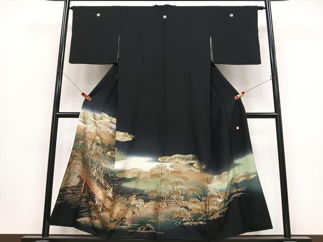 平和屋着物■豪華黒留袖　作家物　渡り橋風景松も　暈し染め　金銀彩　正絹　逸品　CABK9924xe