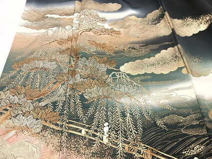 平和屋着物■豪華黒留袖　作家物　渡り橋風景松も　暈し染め　金銀彩　正絹　逸品　CABK9924xe