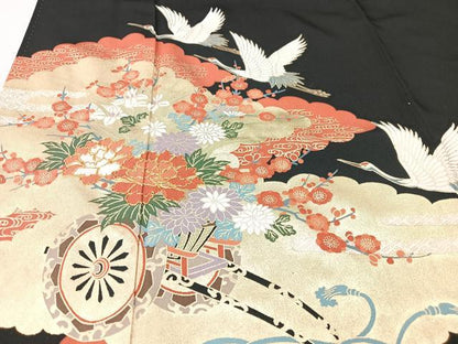 平和屋着物■豪華黒留袖　駒刺繍　飛鶴花車文　金彩　正絹　逸品　CABK9939xe