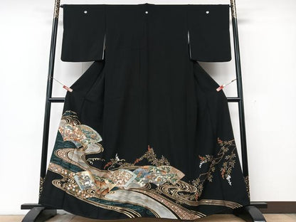 平和屋着物■豪華黒留袖　駒刺繍　手描き　流水地紙風景文　金彩　正絹　逸品　CABK9941xe