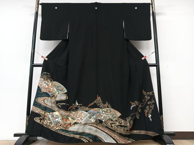 平和屋着物■豪華黒留袖　駒刺繍　手描き　流水地紙風景文　金彩　正絹　逸品　CABK9941xe