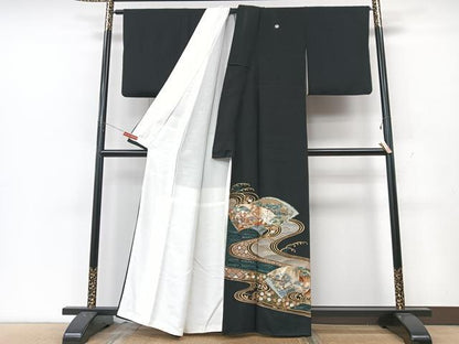平和屋着物■豪華黒留袖　駒刺繍　手描き　流水地紙風景文　金彩　正絹　逸品　CABK9941xe