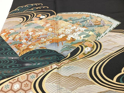 平和屋着物■豪華黒留袖　駒刺繍　手描き　流水地紙風景文　金彩　正絹　逸品　CABK9941xe