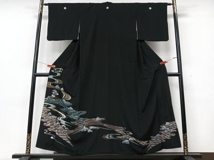 平和屋着物■豪華黒留袖　手描き　流水立波文　金彩　正絹　逸品　CABK9944xe