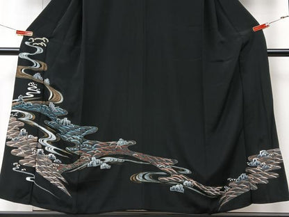 平和屋着物■豪華黒留袖　手描き　流水立波文　金彩　正絹　逸品　CABK9944xe