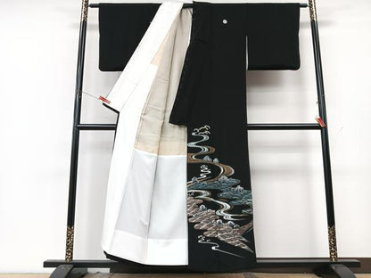 平和屋着物■豪華黒留袖　手描き　流水立波文　金彩　正絹　逸品　CABK9944xe
