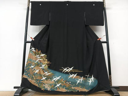 平和屋着物■豪華黒留袖　飛鶴花文　暈し染め　金彩　正絹　逸品　CABK9949xe