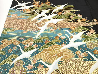 平和屋着物■豪華黒留袖　飛鶴花文　暈し染め　金彩　正絹　逸品　CABK9949xe
