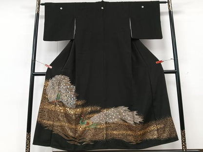 平和屋着物■豪華黒留袖　刺繍　孔雀文　金彩　正絹　逸品　CABK9953xe