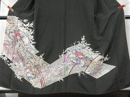 平和屋着物■豪華黒留袖　刺繍　草花文　金銀彩　正絹　逸品　CABK9954xe