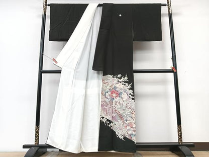 平和屋着物■豪華黒留袖　刺繍　草花文　金銀彩　正絹　逸品　CABK9954xe