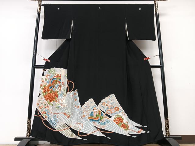平和屋着物■豪華黒留袖　駒刺繍　扇面花鳥文　金彩　正絹　逸品　CABK9964xe