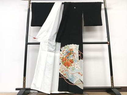 平和屋着物■豪華黒留袖　駒刺繍　扇面花鳥文　金彩　正絹　逸品　CABK9964xe