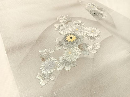 平和屋着物●九寸名古屋帯　作家物　螺鈿　菊花文　銀彩　正絹　逸品　CABL0008vp