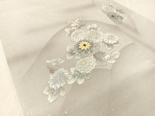 平和屋着物●九寸名古屋帯　作家物　螺鈿　菊花文　銀彩　正絹　逸品　CABL0008vp