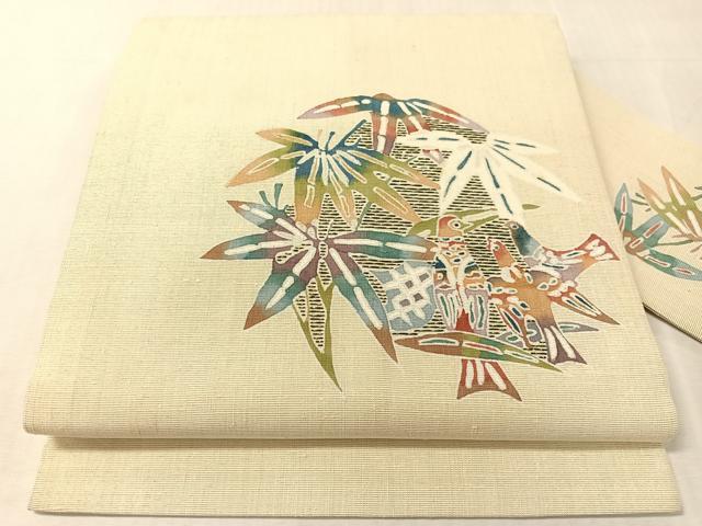 平和屋着物●九寸名古屋帯　紬地　刺繍　型染め　休み鳥笹文　銀通し地　正絹　逸品　CABL0010vp