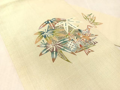 平和屋着物●九寸名古屋帯　紬地　刺繍　型染め　休み鳥笹文　銀通し地　正絹　逸品　CABL0010vp