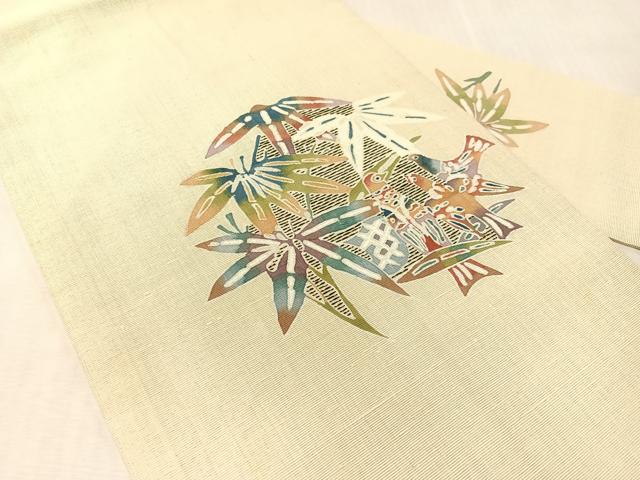 平和屋着物●九寸名古屋帯　紬地　刺繍　型染め　休み鳥笹文　銀通し地　正絹　逸品　CABL0010vp