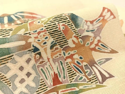 平和屋着物●九寸名古屋帯　紬地　刺繍　型染め　休み鳥笹文　銀通し地　正絹　逸品　CABL0010vp