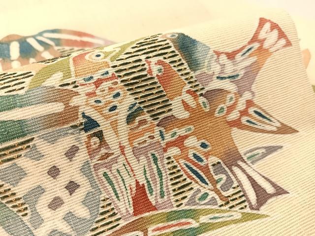 平和屋着物●九寸名古屋帯　紬地　刺繍　型染め　休み鳥笹文　銀通し地　正絹　逸品　CABL0010vp