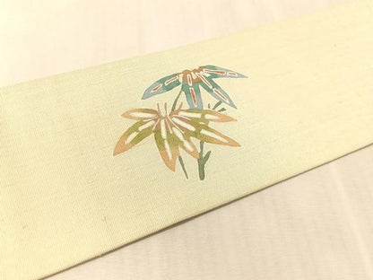 平和屋着物●九寸名古屋帯　紬地　刺繍　型染め　休み鳥笹文　銀通し地　正絹　逸品　CABL0010vp