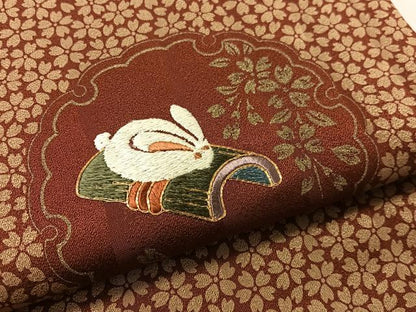 平和屋着物●九寸名古屋帯　駒刺繍　雪輪兎　金彩　正絹　逸品　CABL0013vp